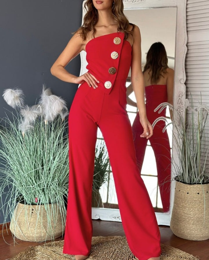 Combinaison bandeau asymétrique sans bretelles avec boutons métalliques et salopette décontractée Femme