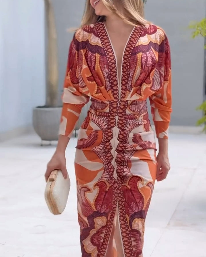 Premièrement : La  Robe moulante vintage baroque à manches longues et décolleté en V plongeant Femme.