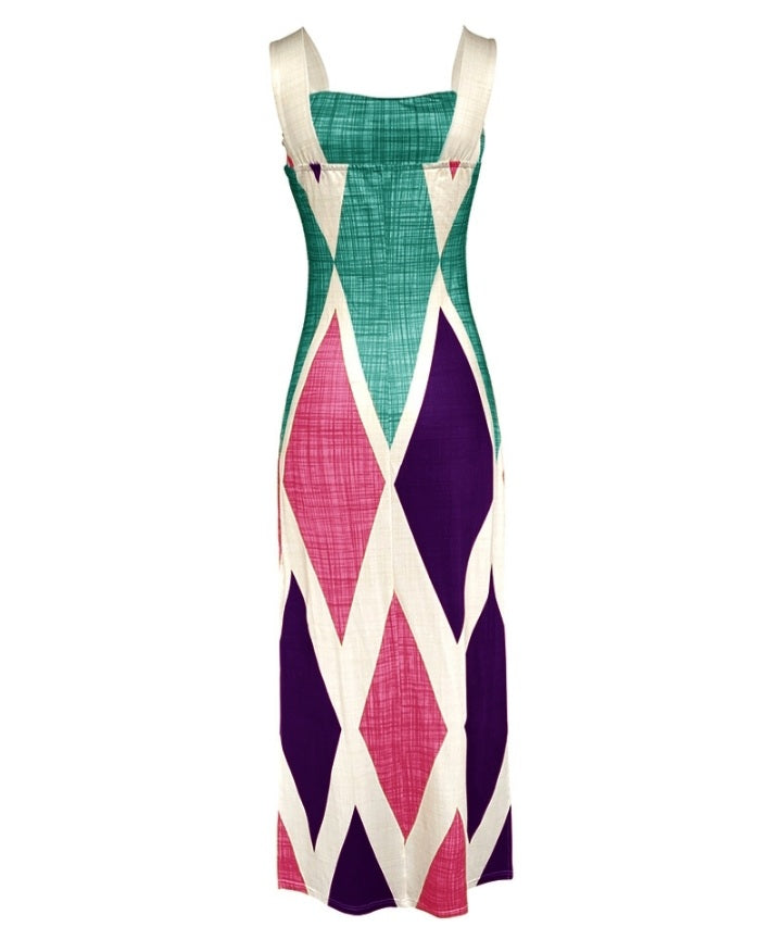 Premièrement : Cette Robe longue décontractée à.bretelles épaisses et imprimé géométrique, coupe ajustée, et fendue , avec poches Femme.