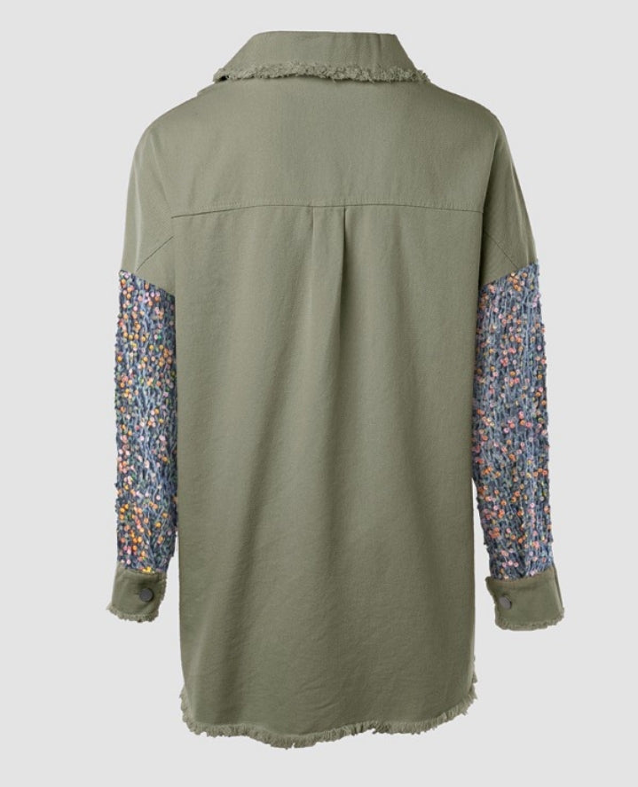 Premièrement : Apportez une touche d’éclat à votre look avec cette Veste décontractée à paillettes et patchwork à manches longues avec bouton sur le devant et ourlet brut femme 