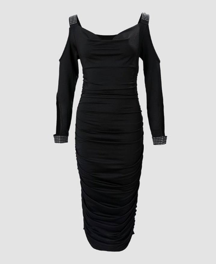 Premièrement : Cette Robe moulante froncée à épaules dénudées et strass Femme.