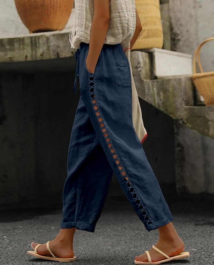 Premièrement : Ce Pantalon décontracté en dentelle à poches plaquée évidée Femme.