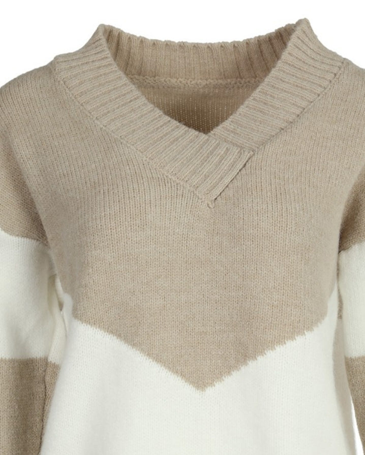 Pull en tricot à manches longues et col en V colorblock