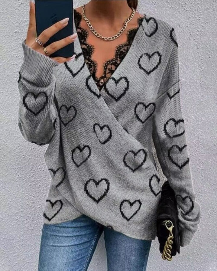 Long-sleeved knit wrap sweater with contrasting lace