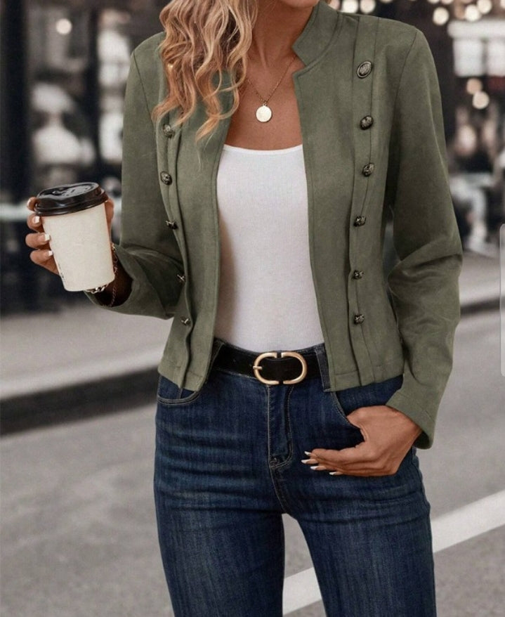 Premièrement : Adoptez un look chic et raffiné avec cette Veste à col montant en imitation daim , manteau décontracté ouvert sur le devant avec boutons décoratifs femme 