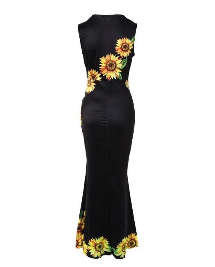 Premièrement : Cette Robe de soirée à fente haute et imprimé tournesol Femme.
