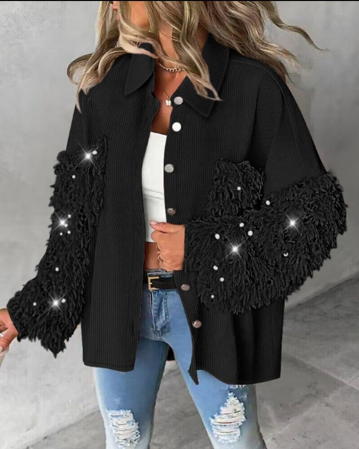 Premièrement : Apportez une touche d’éclat à votre look avec cette Veste décontractée à paillettes et patchwork à manches longues avec bouton sur le devant et ourlet brut femme 