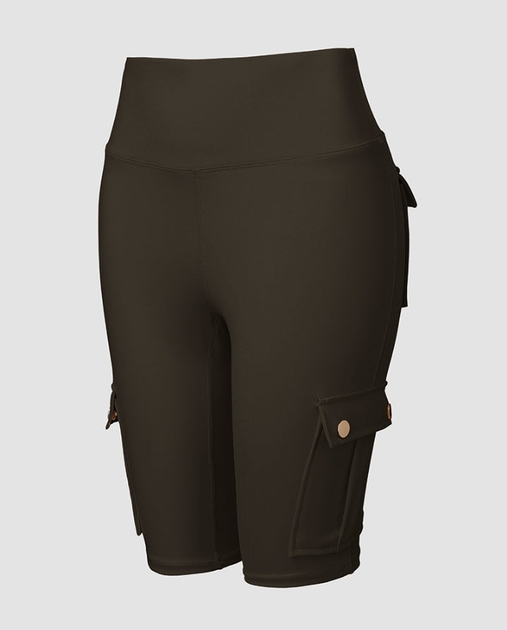Premièrement : Ce Short de sport pour le contrôle du ventre et le levage des fesses, taille haute , avec poche à rabat , pour entraînement , bermuda cargo , pour la course à pied femme.
