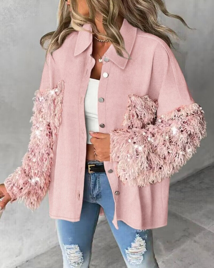 Premièrement : Apportez une touche d’éclat à votre look avec cette Veste décontractée à paillettes et patchwork à manches longues avec bouton sur le devant et ourlet brut femme 