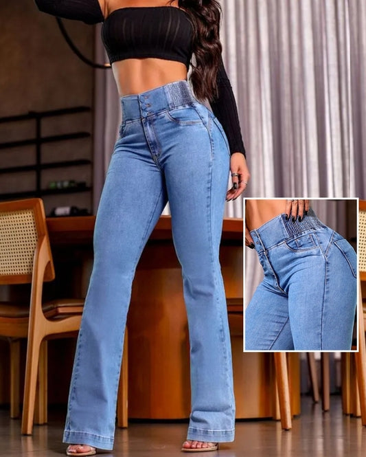 Premièrement : Ce jean taille haute à fronces et boutons sur le devant avec ceinture curveease jegging skinny évasé en demin femme.