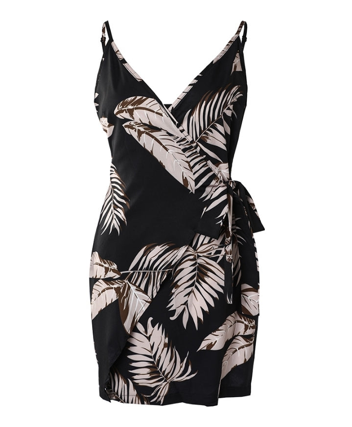 Premièrement : Cette Robe courte décontractée à bretelles spaghetti et col en V à imprimé floral pailetté avec détails croisés Femme.