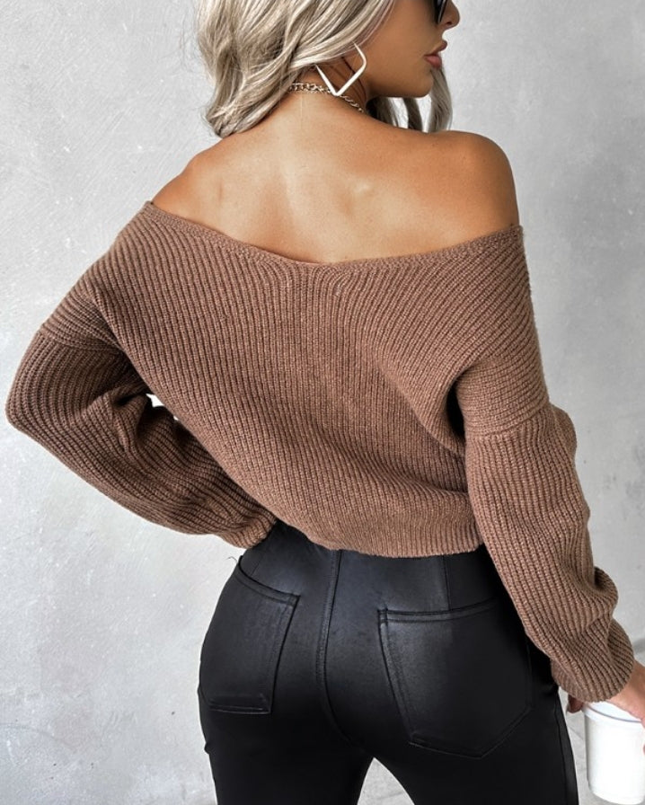 Long Sleeve V-Neck Beaded Cable Knit Sweater