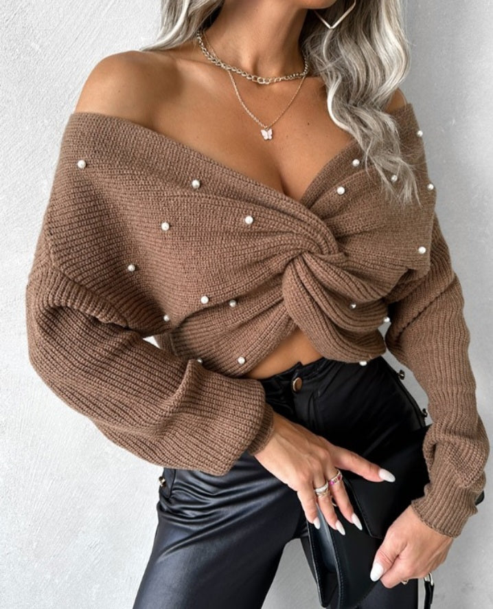 Long Sleeve V-Neck Beaded Cable Knit Sweater