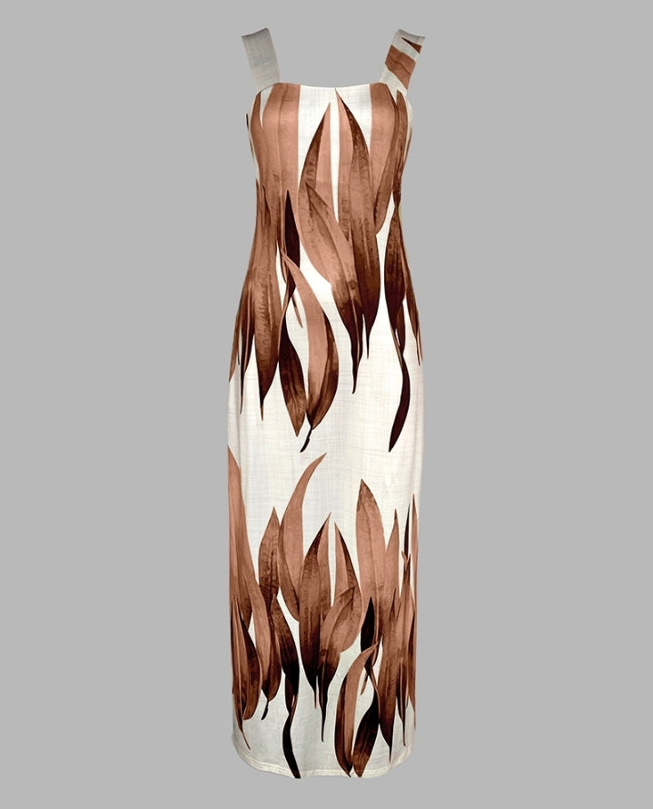 Premièrement : Cette robe longue décontractée à bretelles épaisses et imprimé végétal, coupe ajustée et fendue avec poches Femme.