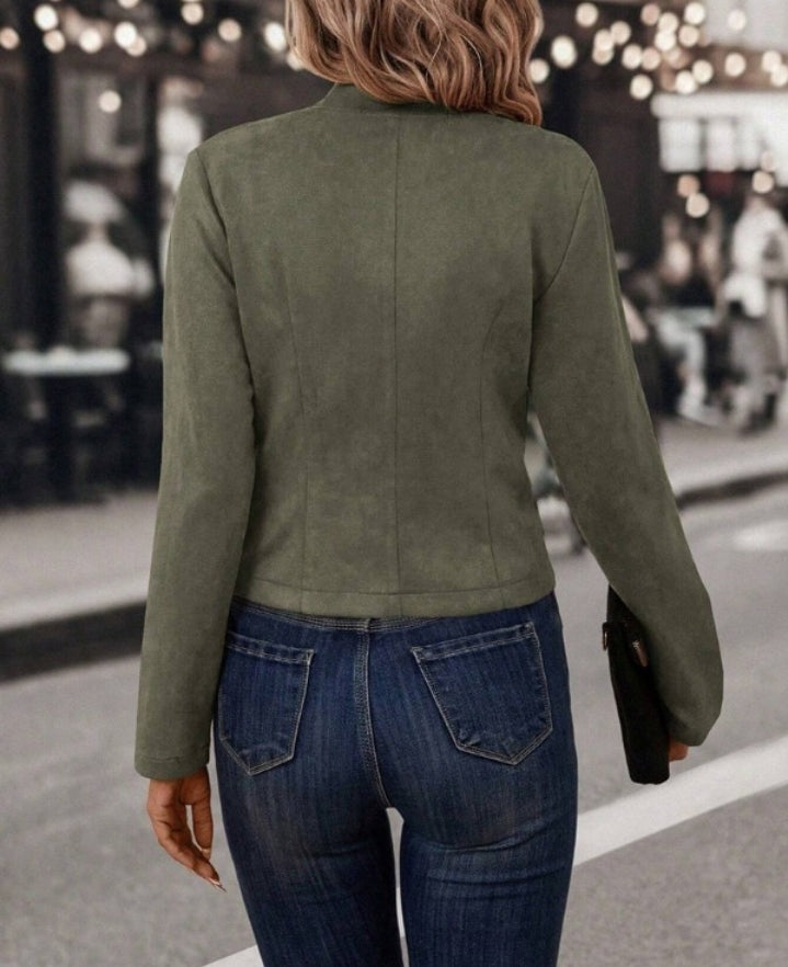 Premièrement : Adoptez un look chic et raffiné avec cette Veste à col montant en imitation daim , manteau décontracté ouvert sur le devant avec boutons décoratifs femme 