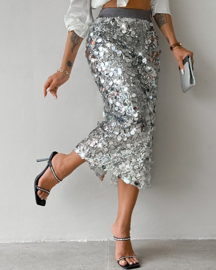 Premièrement : Cette Jupe mi - mollet tendance à sequins Femme.