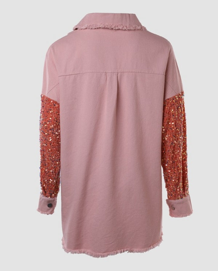 Premièrement : Apportez une touche d’éclat à votre look avec cette Veste décontractée à paillettes et patchwork à manches longues avec bouton sur le devant et ourlet brut femme 