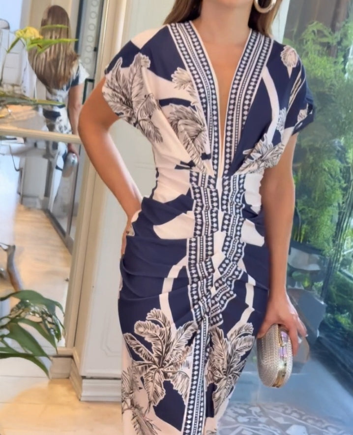 Premièrement : La  Robe moulante vintage baroque à manches longues et décolleté en V plongeant Femme.