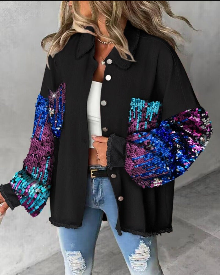 Premièrement : Apportez une touche d’éclat à votre look avec cette Veste décontractée à paillettes et patchwork à manches longues avec bouton sur le devant et ourlet brut femme 