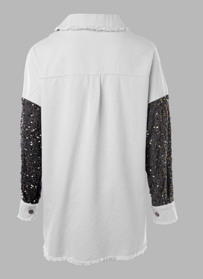 Premièrement : Apportez une touche d’éclat à votre look avec cette Veste décontractée à paillettes et patchwork à manches longues avec bouton sur le devant et ourlet brut femme 