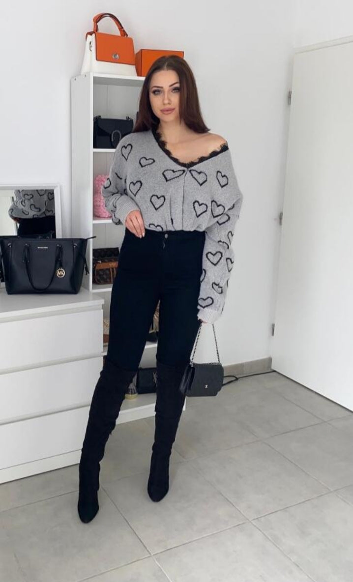 Long-sleeved knit wrap sweater with contrasting lace