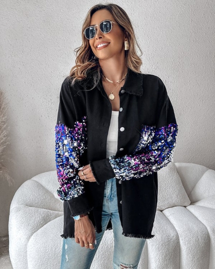 Premièrement : Apportez une touche d’éclat à votre look avec cette Veste décontractée à paillettes et patchwork à manches longues avec bouton sur le devant et ourlet brut femme 