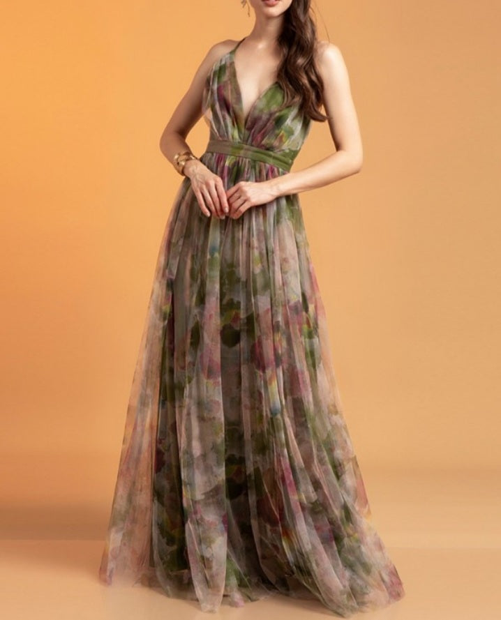 Premièrement : Cette Robe longues à imprimé floral , décolleté plongeant en V , bretelles spaghetti, élégante, taille haute , fente en maille Femme.