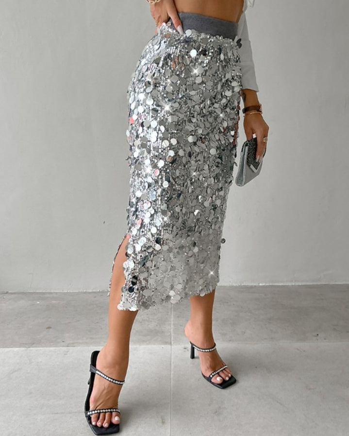 Premièrement : Cette Jupe mi - mollet tendance à sequins Femme.
