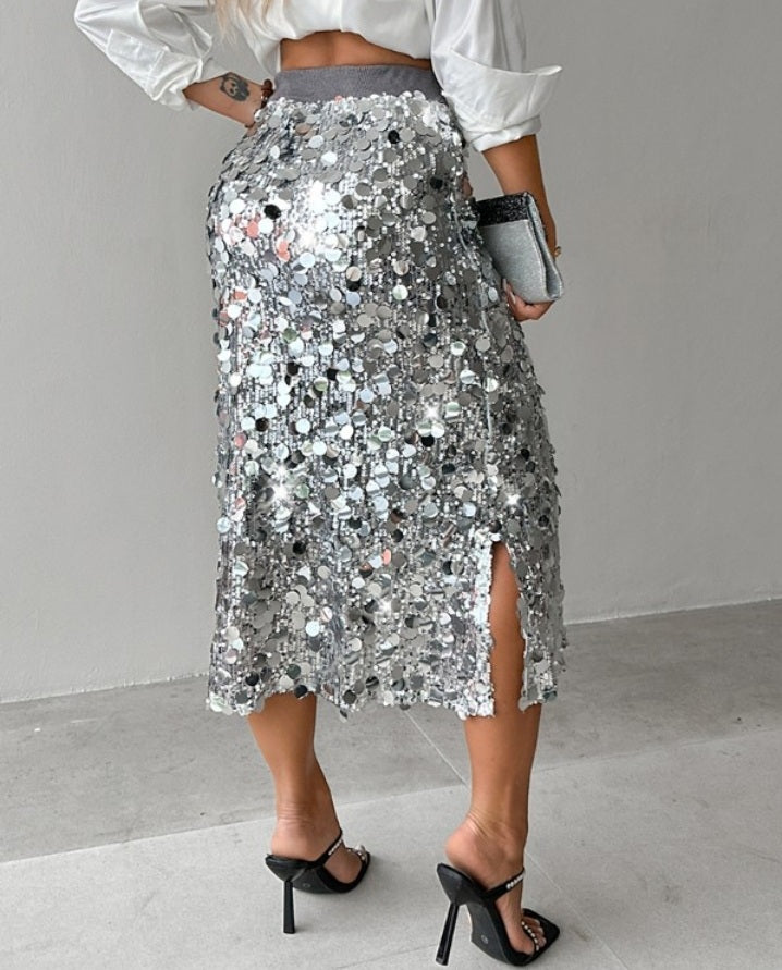 Premièrement : Cette Jupe mi - mollet tendance à sequins Femme.