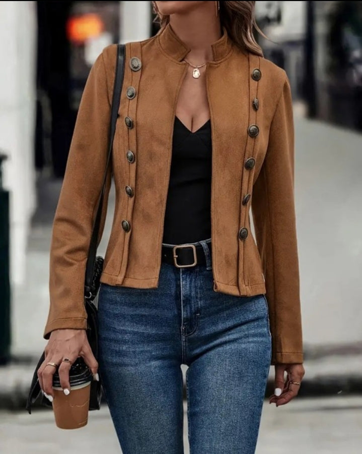Premièrement : Adoptez un look chic et raffiné avec cette Veste à col montant en imitation daim , manteau décontracté ouvert sur le devant avec boutons décoratifs femme 