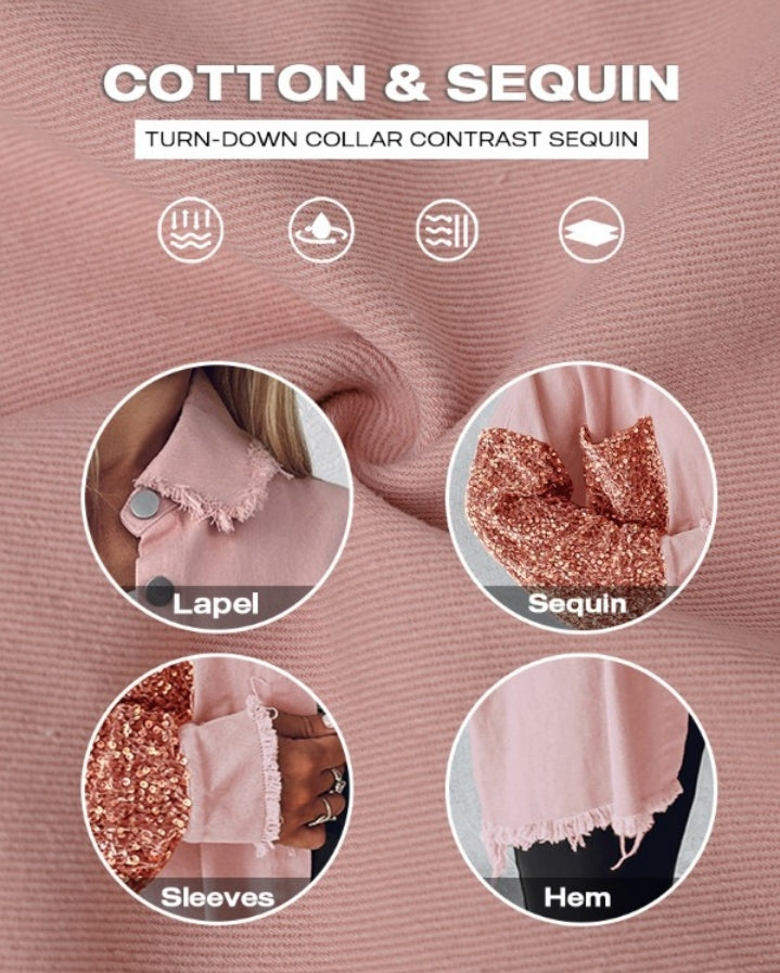 Premièrement : Apportez une touche d’éclat à votre look avec cette Veste décontractée à paillettes et patchwork à manches longues avec bouton sur le devant et ourlet brut femme 