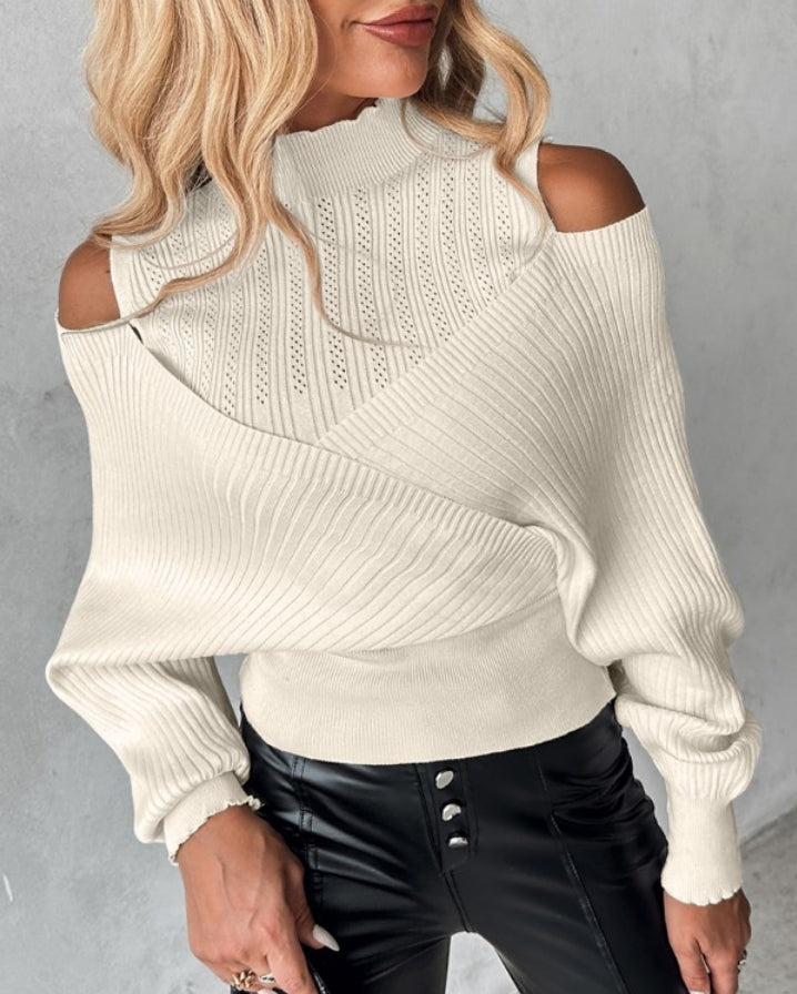Off-the-shoulder openwork knit sweater with overlap