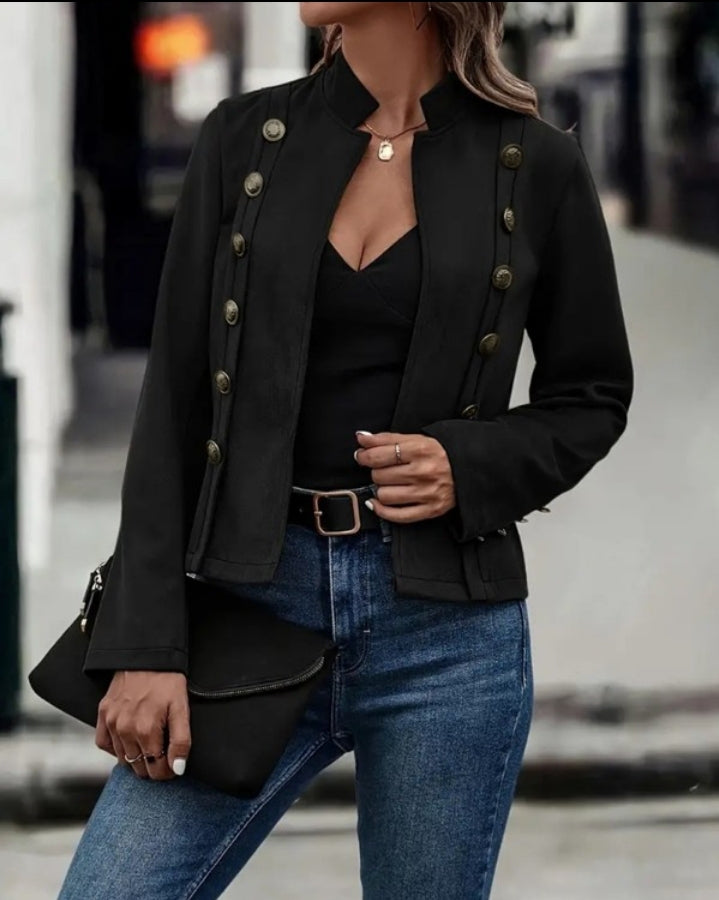 Women's Faux Suede Stand Collar Jacket, Casual Open Front Coat with Decorative Buttons