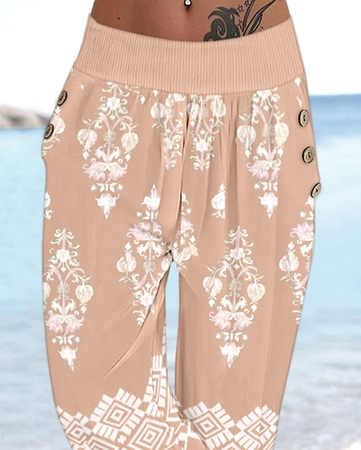 Premièrement : Ce Pantalon capri taille basse à imprimé plante tribales avec boutons décoratifs, pantalon de vacances avec poche femme .