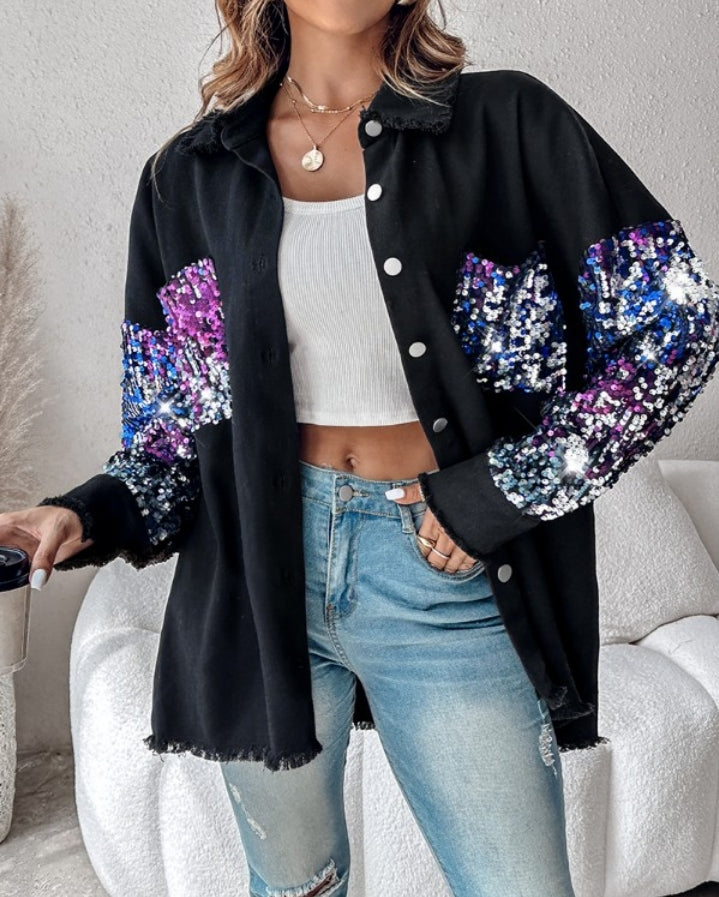 Premièrement : Apportez une touche d’éclat à votre look avec cette Veste décontractée à paillettes et patchwork à manches longues avec bouton sur le devant et ourlet brut femme 