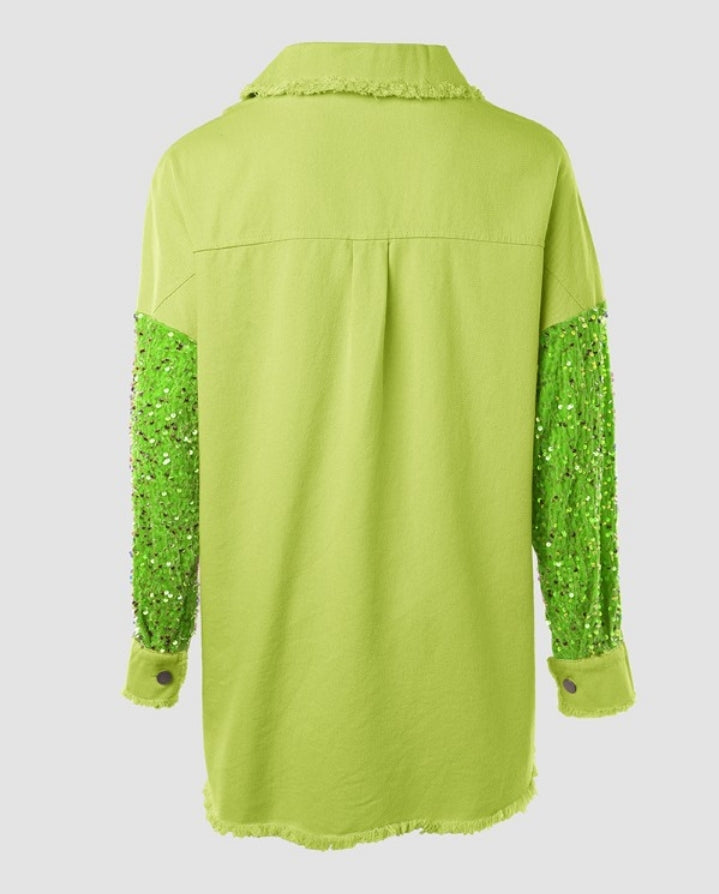 Premièrement : Apportez une touche d’éclat à votre look avec cette Veste décontractée à paillettes et patchwork à manches longues avec bouton sur le devant et ourlet brut femme 