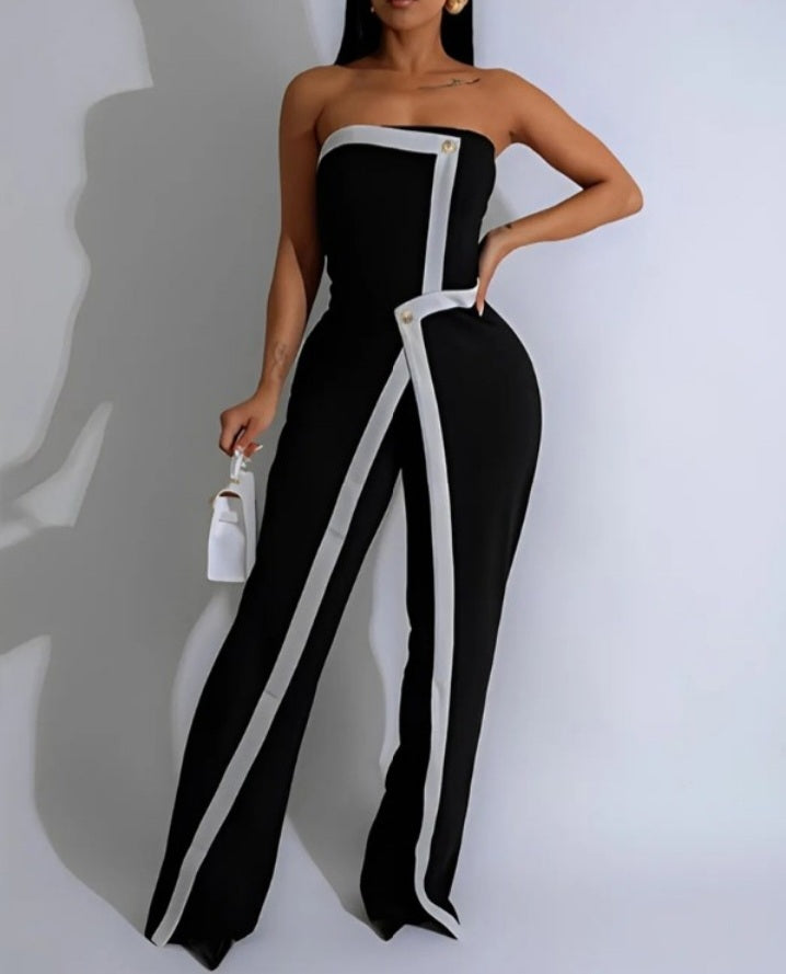 Premièrement : Adoptez un style audacieux et sophistiqué avec cette Combinaison bandeau asymétrique en patchwork colorblock, sans manches, coupe slim, ,boutons décoratifs, salopette élégante femme