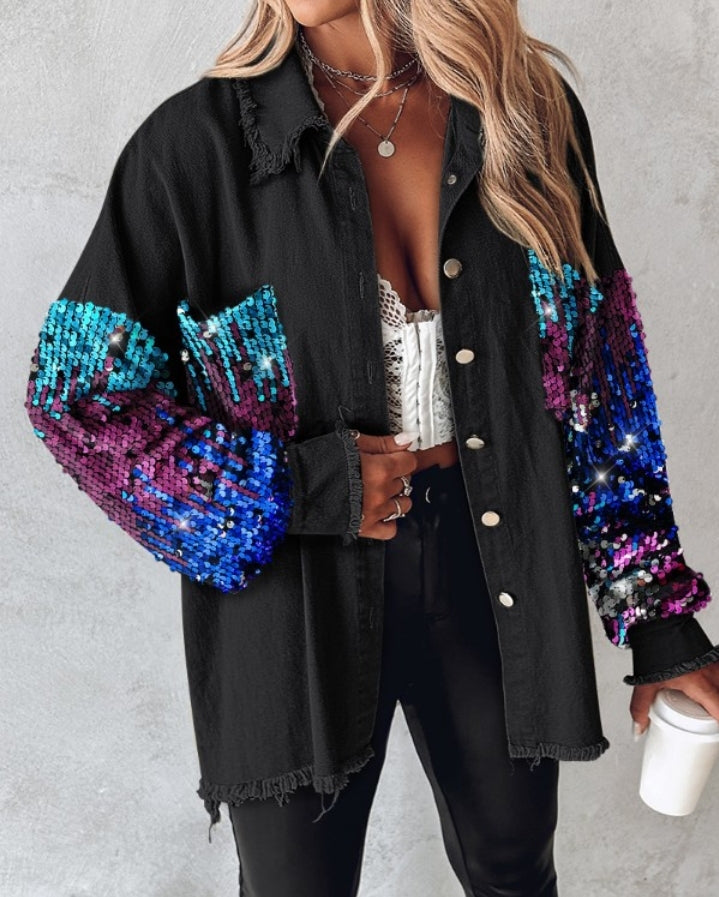 Premièrement : Apportez une touche d’éclat à votre look avec cette Veste décontractée à paillettes et patchwork à manches longues avec bouton sur le devant et ourlet brut femme 