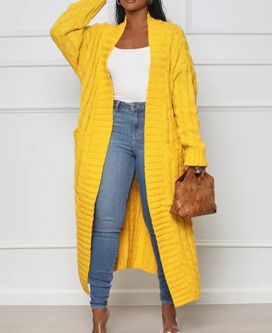 Long cable knit cardigan with pocket