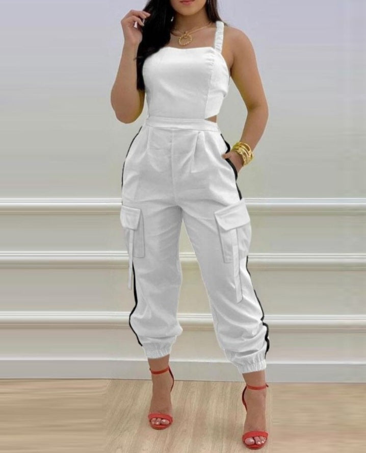 Women's Casual Cargo Jumpsuit with Contrast Panels and Pockets