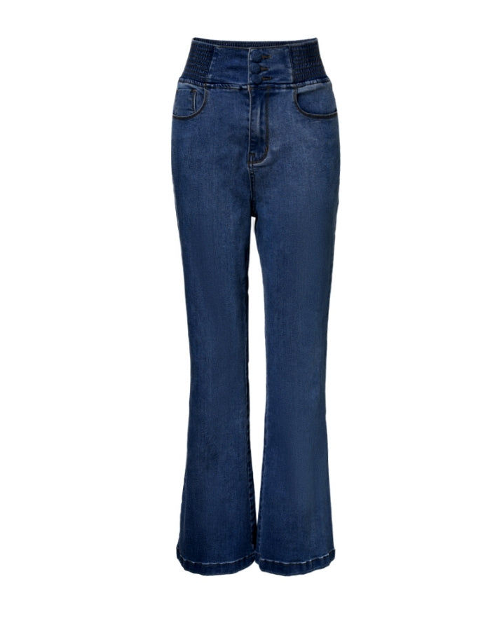 Premièrement : Ce jean taille haute à fronces et boutons sur le devant avec ceinture curveease jegging skinny évasé en demin femme.