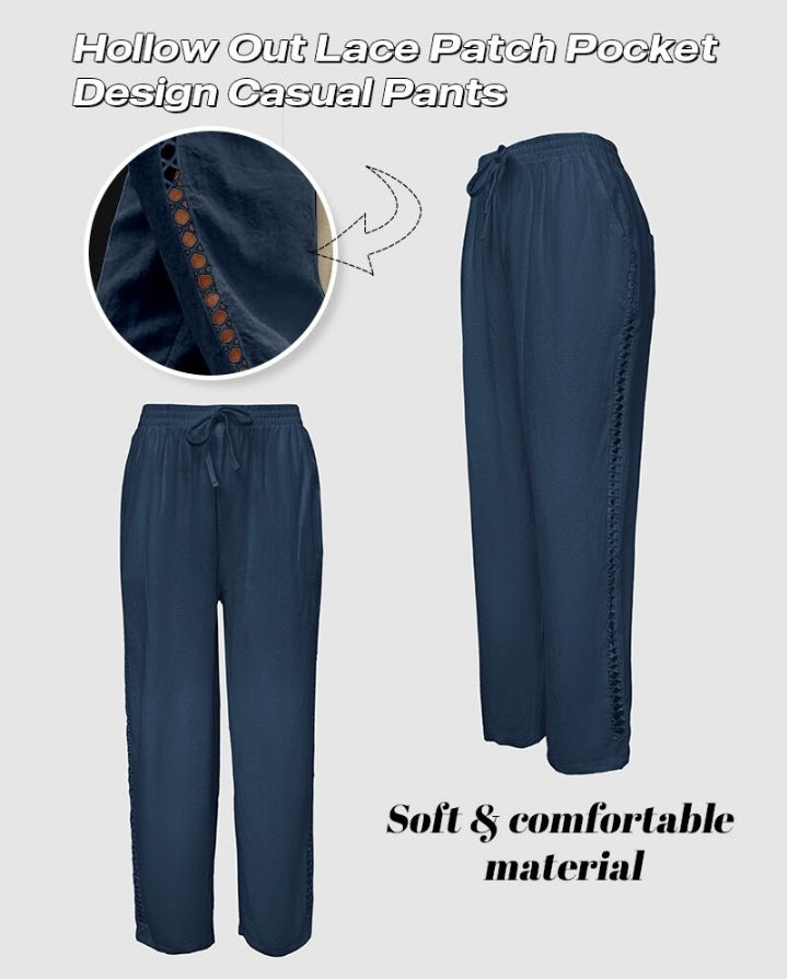 Premièrement : Ce Pantalon décontracté en dentelle à poches plaquée évidée Femme.