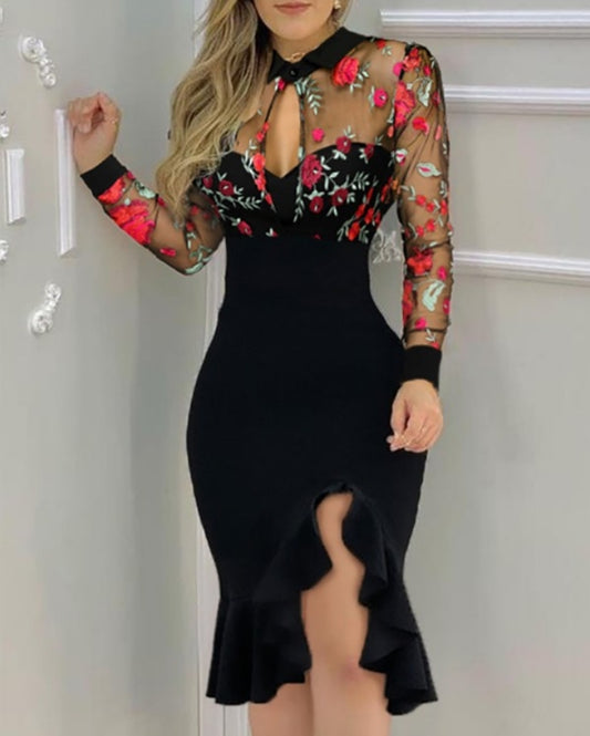 Premièrement : Cette  Robe de soirée à volants fendus en maille transparente à broderie florale Femme.
