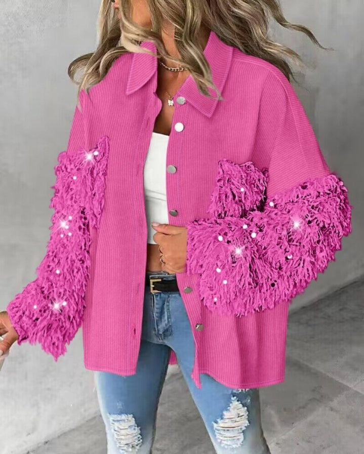 Premièrement : Apportez une touche d’éclat à votre look avec cette Veste décontractée à paillettes et patchwork à manches longues avec bouton sur le devant et ourlet brut femme 