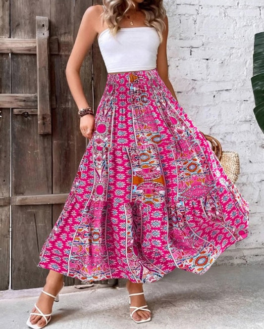 Premièrement : Cette Jupe longues plissées bohème d'été Jupes maxi fluides taille haute en ligne A Femme.
