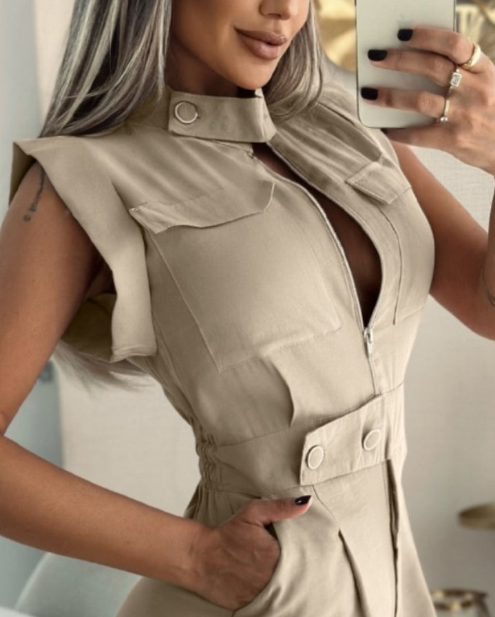 Premièrement : Optez pour un look à la fois Combinaison à col rond sans manches avec poches zippées et froncées Femme.