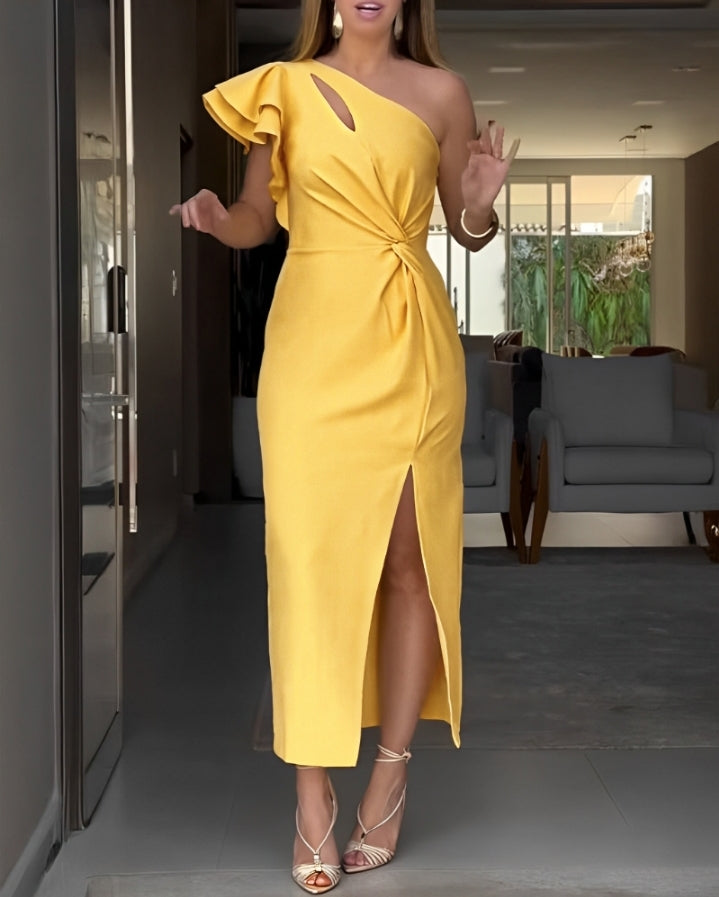Premièrement : Cette Robe longue décontracté à volants et col asymétrique ajouré femme