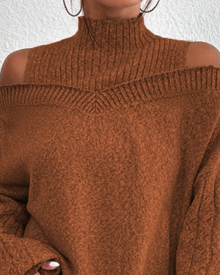 Cable Knit Off-the-Shoulder Lantern Sleeve Sweater