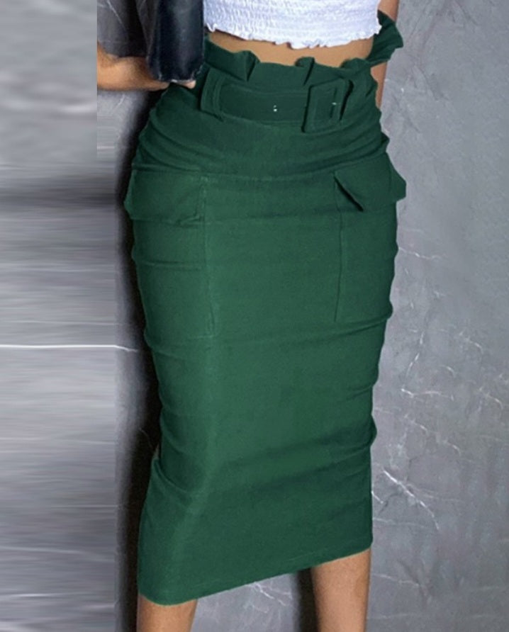 Premièrement : Cette Jupe cargo taille mi - mollet avec ceinture et ourlet à volants design décontracté avec poches Femme 