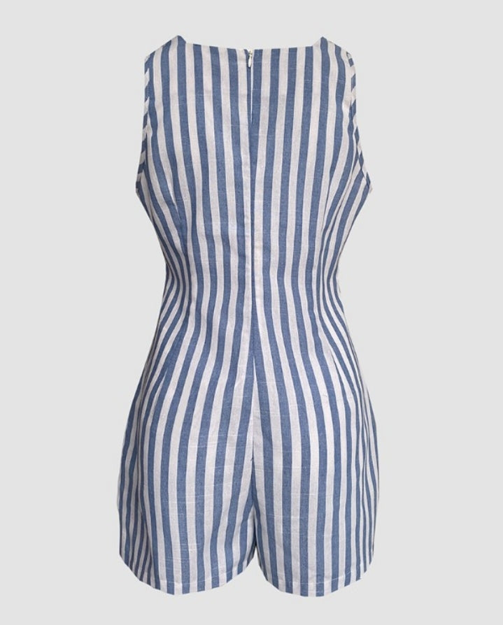 Premièrement : Optez pour un style tendance et confortable avec cette Combinaison sans manches à col en U et imprimé rayé avec poches décontractées et boutons décoratifs femme